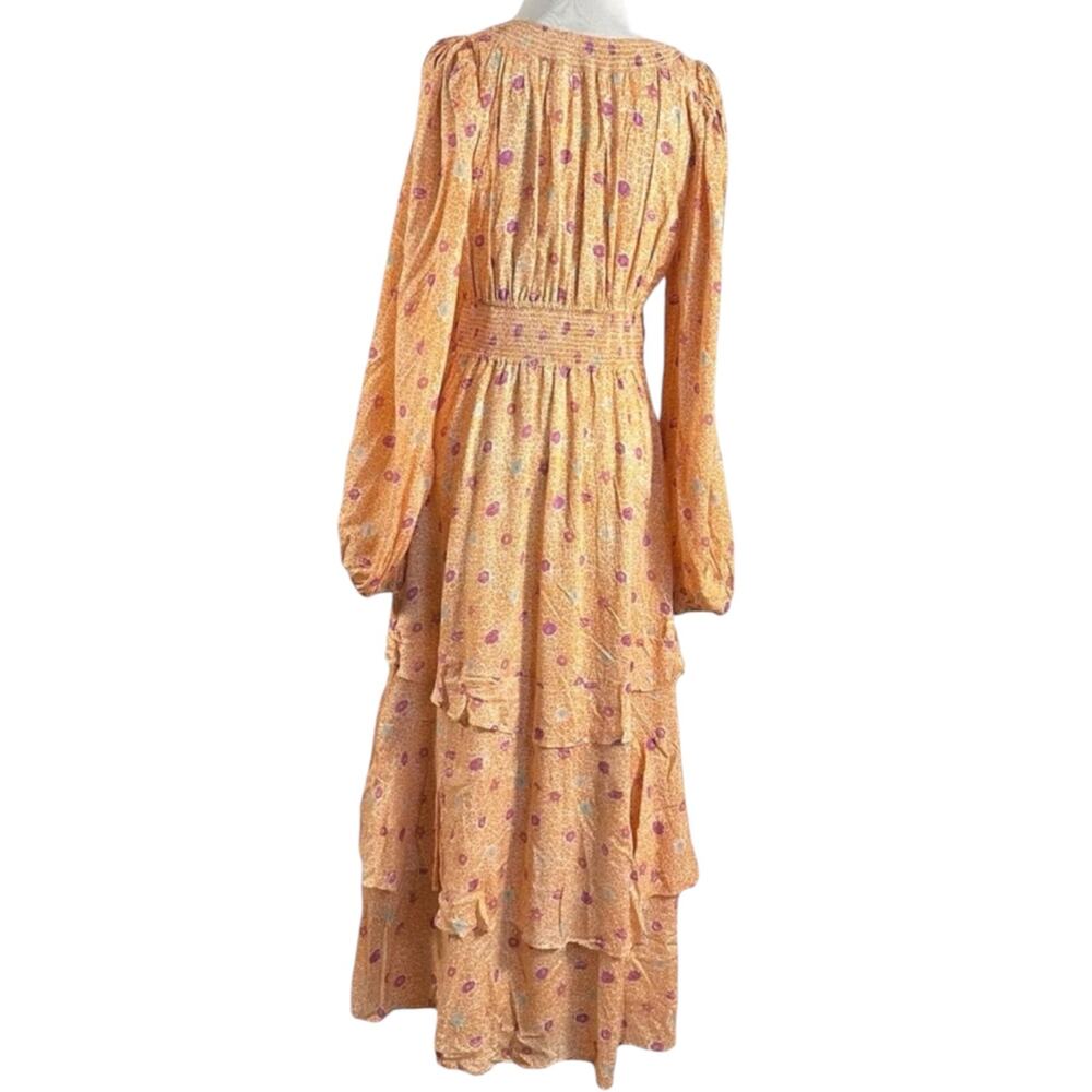 Free People Bohemian Gypsy Tiered Ruffle Maxi Dress Size Large Plunge Billowy - Picture 10 of 13